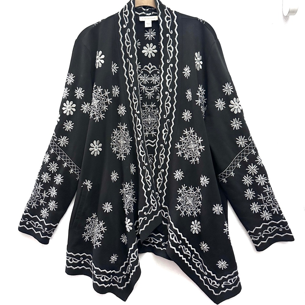 Coldwater Creek L Embroidered Open Front Longline Cardigan Pockets Snowflake